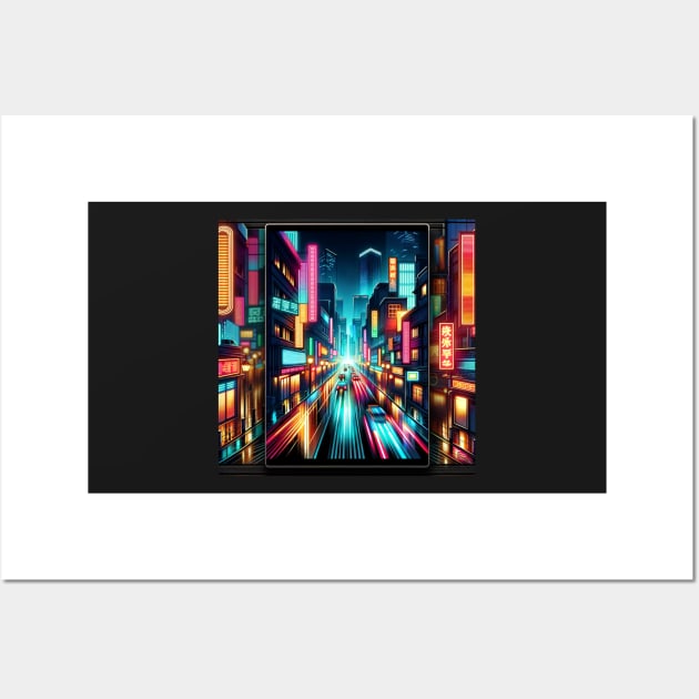 Neon Nightscape: Urban Glow and Reflections Wall Art by heartyARTworks